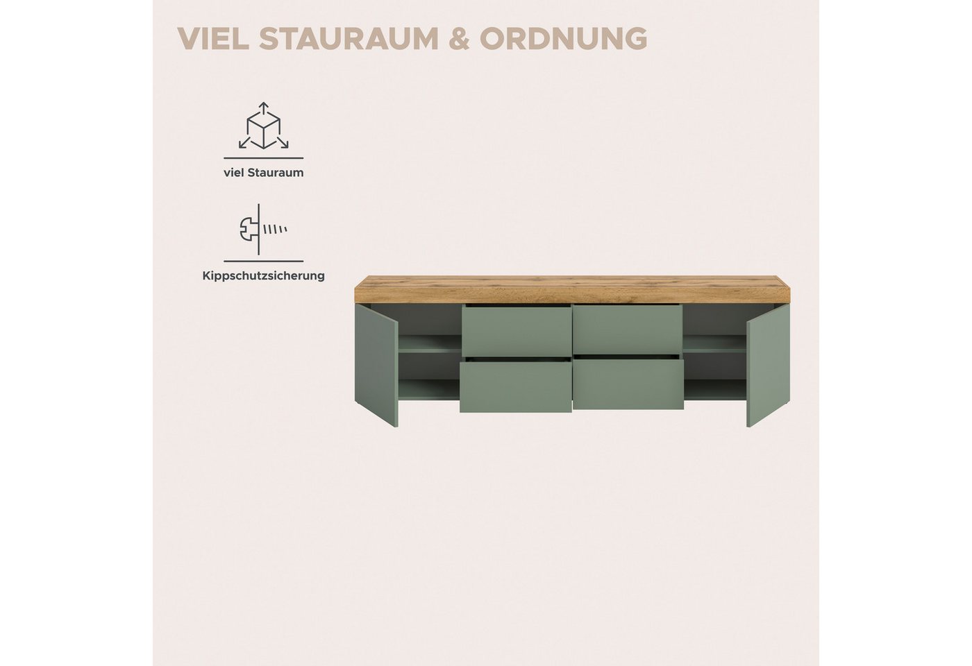 OTTO home Lowboard MAMBO, TOPSELLER!, Breite 200 cm, 2 Türen, 4 Schubkästen, 4 Fächer (1 St., 2-farbige Ausführung, in verschiedenen modernen Trendfarben erhält – Bild 4 von 5