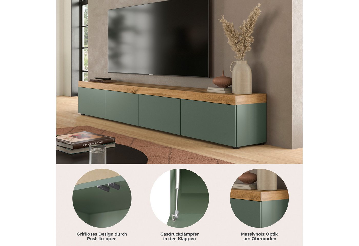 OTTO home Lowboard MAMBO, TOPSELLER!, Breite 200 cm, 4 Klappen, 4 Fächer (1 St., 2-farbige Ausführung, in verschiedenen modernen Trendfarben erhältlich), Lowboa – Bild 3 von 5