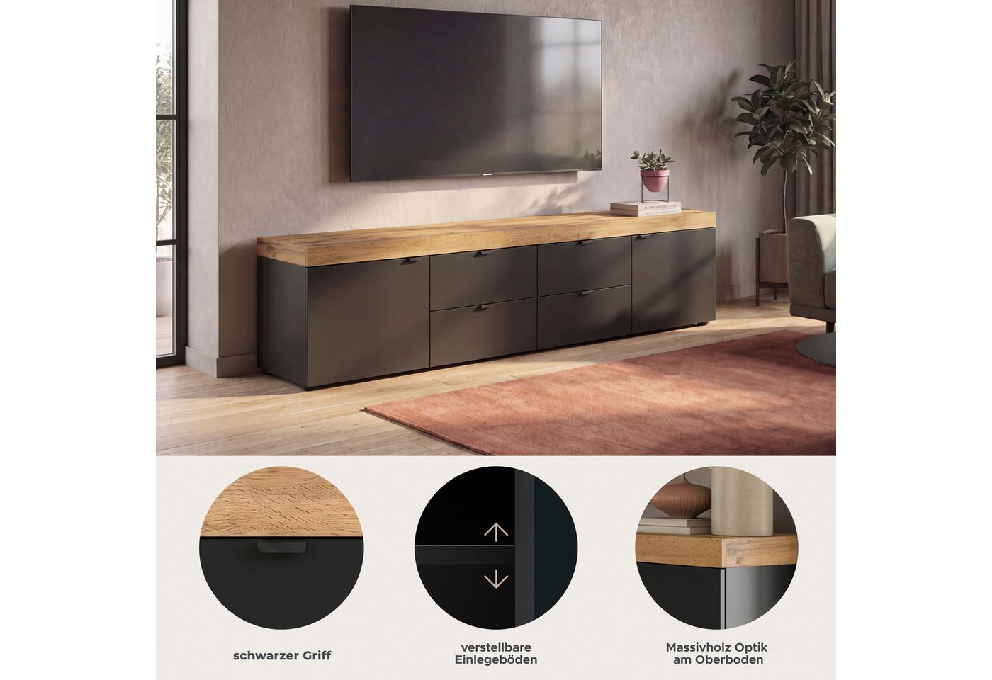 OTTO home Lowboard MAMBO II, Breite 200 cm, 2 Türen, 4 Schubkästen, 4 Fächer (1 St., 2-farbige Ausführung, in verschiedenen modernen Trendfarben erhältlich), Lo – Bild 3 von 5