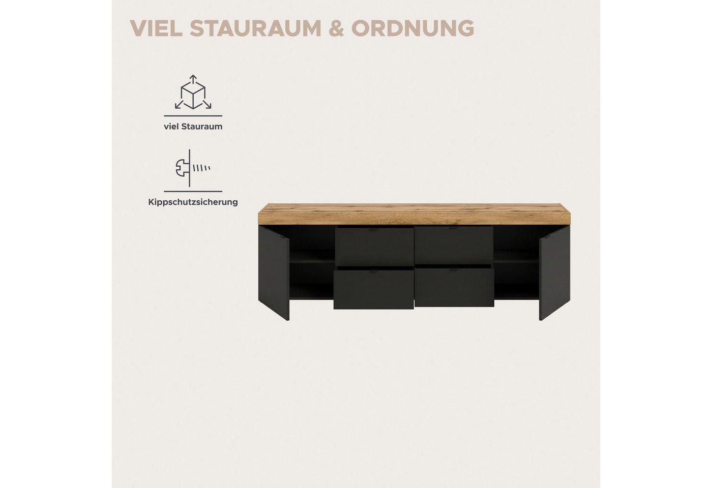 OTTO home Lowboard MAMBO II, Breite 200 cm, 2 Türen, 4 Schubkästen, 4 Fächer (1 St., 2-farbige Ausführung, in verschiedenen modernen Trendfarben erhältlich), Lo – Bild 4 von 5