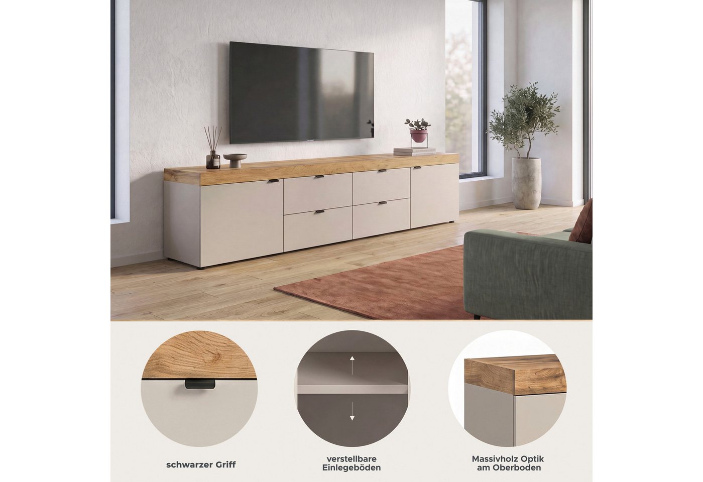 OTTO home Lowboard MAMBO II, Breite 200 cm, 2 Türen, 4 Schubkästen, 4 Fächer (1 St., 2-farbige Ausführung, in verschiedenen modernen Trendfarben erhältlich), Lo – Bild 3 von 5