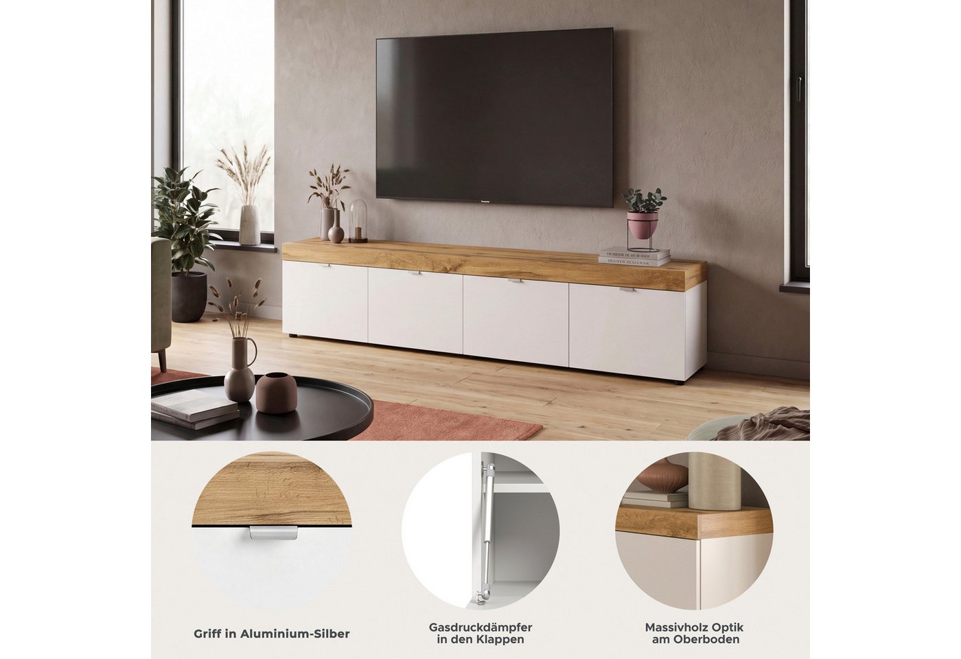 OTTO home Lowboard MAMBO II, Breite 200 cm, 4 Klappen, 4 Fächer (1 St., 2-farbige Ausführung, in verschiedenen modernen Trendfarben erhältlich), Lowboard, TV Un – Bild 3 von 5