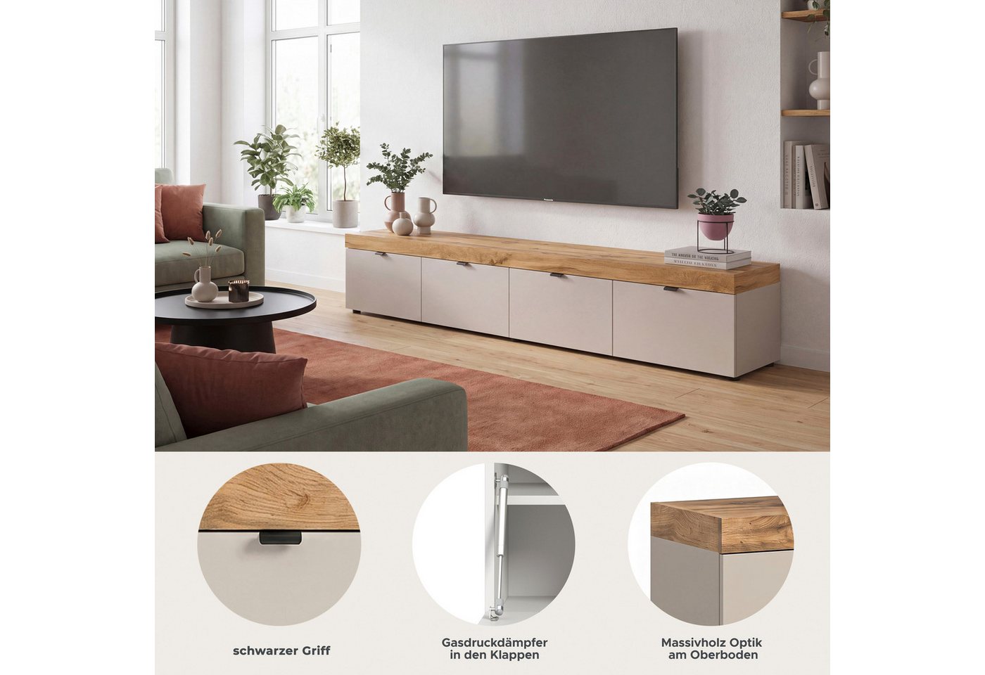 OTTO home Lowboard MAMBO II, Breite 200 cm, 4 Klappen, 4 Fächer (1 St., 2-farbige Ausführung, in verschiedenen modernen Trendfarben erhältlich), Lowboard, TV Un – Bild 3 von 5