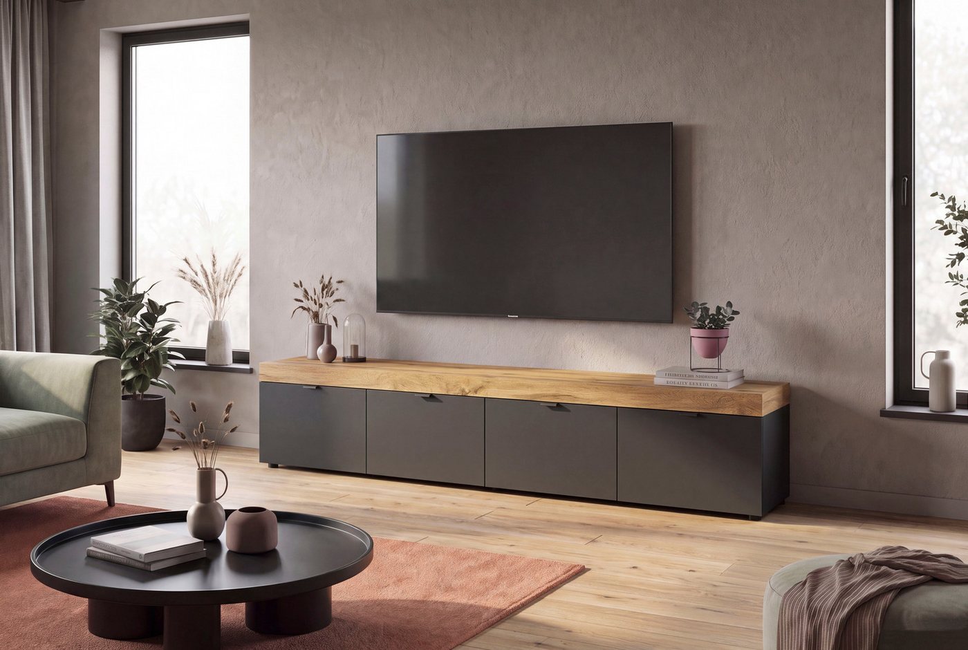 OTTO home Lowboard MAMBO II, Breite 200 cm, 4 Klappen, 4 Fächer (1 St., 2-farbige Ausführung, in verschiedenen modernen Trendfarben erhältlich), Lowboard, TV Un – Bild 2 von 5