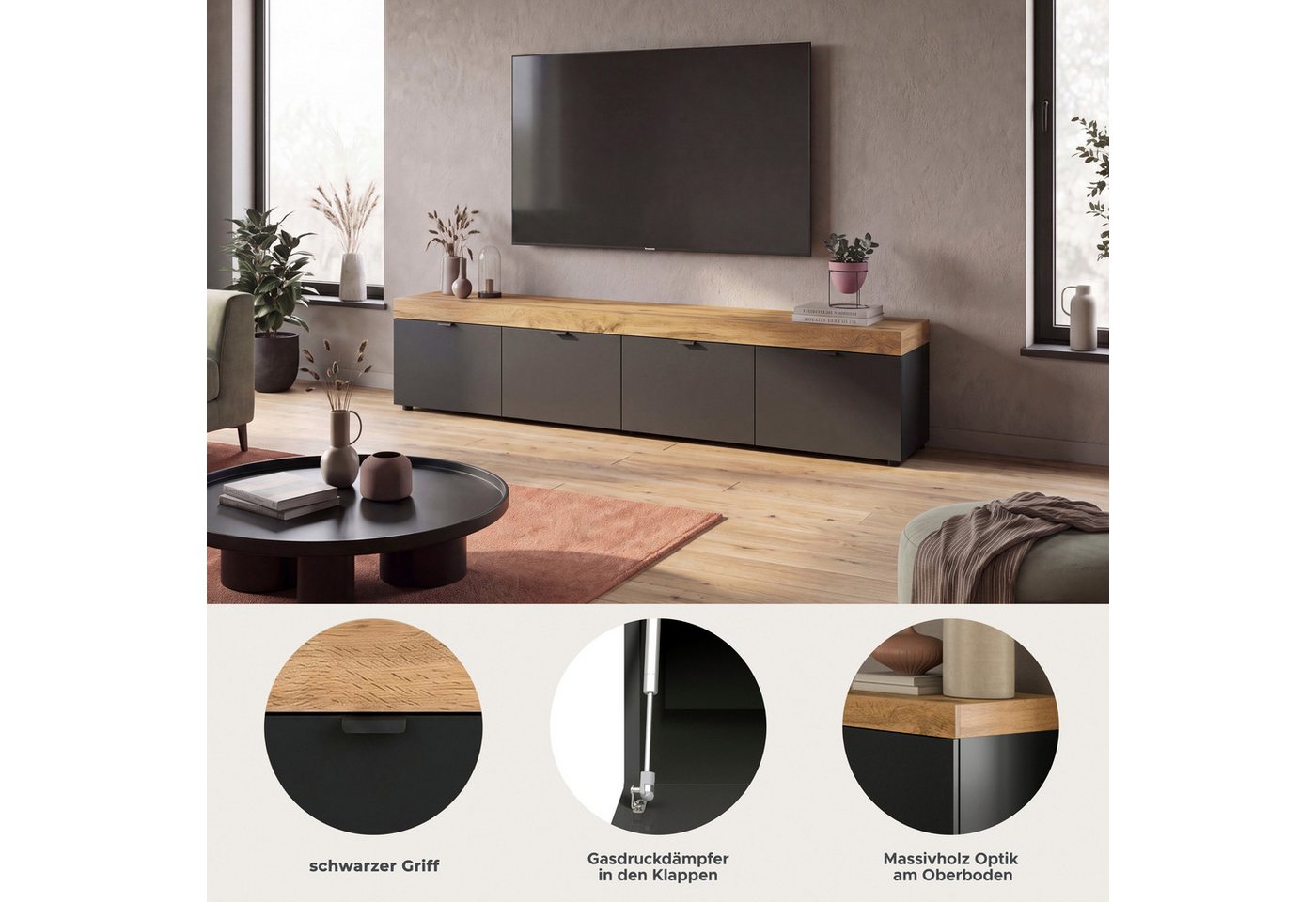 OTTO home Lowboard MAMBO II, Breite 200 cm, 4 Klappen, 4 Fächer (1 St., 2-farbige Ausführung, in verschiedenen modernen Trendfarben erhältlich), Lowboard, TV Un – Bild 3 von 5