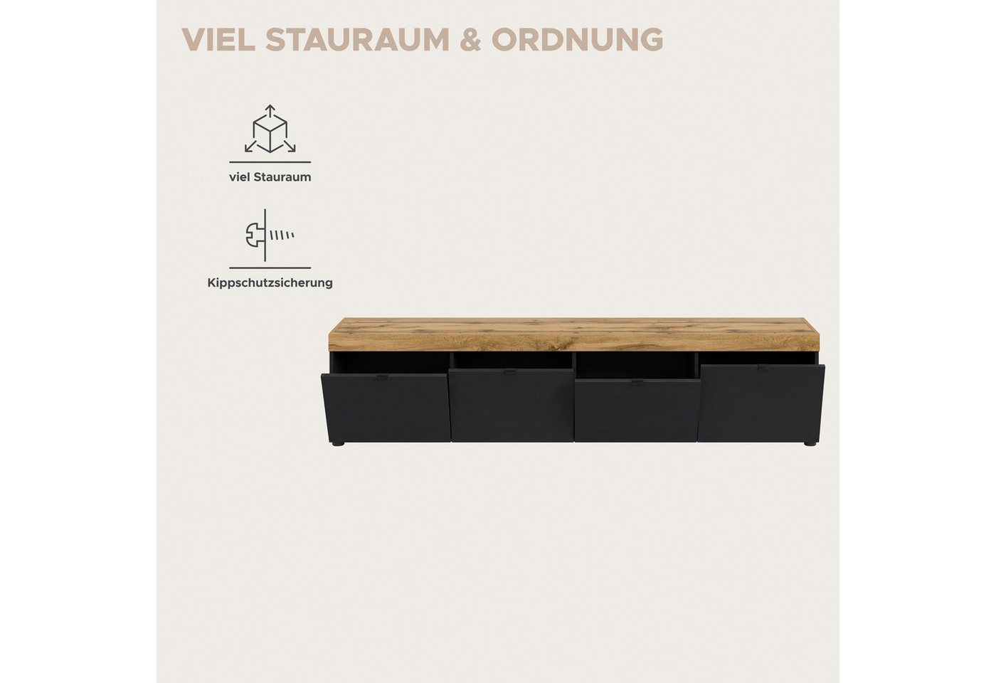 OTTO home Lowboard MAMBO II, Breite 200 cm, 4 Klappen, 4 Fächer (1 St., 2-farbige Ausführung, in verschiedenen modernen Trendfarben erhältlich), Lowboard, TV Un – Bild 4 von 5