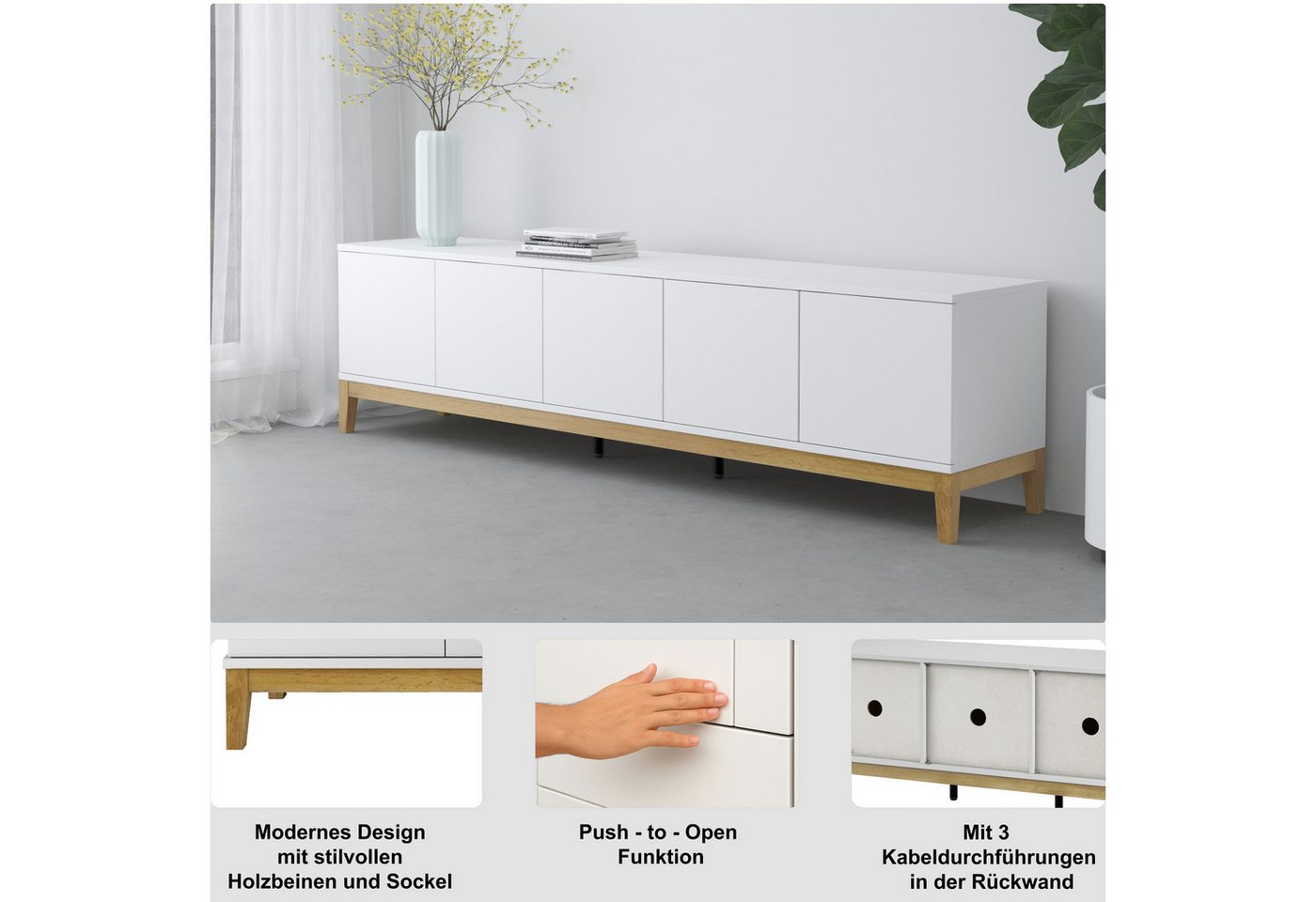 OTTO home Lowboard Maryd, TV-Kommode mit Kabeldurchführung, Push-to-Open Funktion, Breite 200 cm – Bild 3 von 5