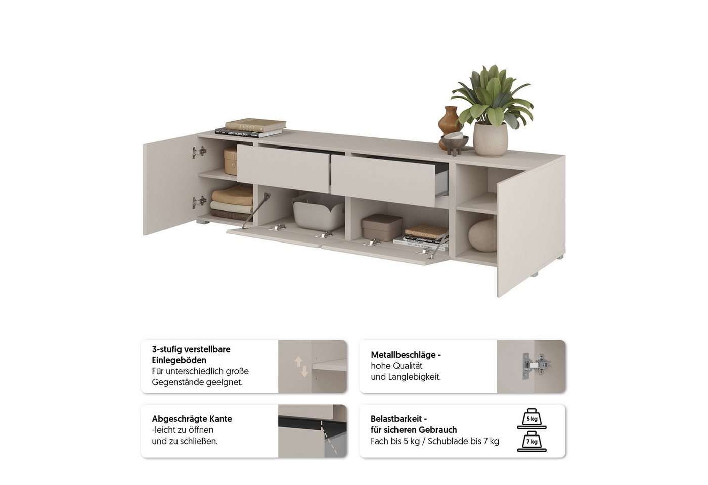OTTO home Lowboard Metric,Breite 195cm, grifflose Lowboard 2Klappen/2Schubkästen/2Tür, TV-Schrank mit viel Stauraum, TV-Board – Bild 3 von 5