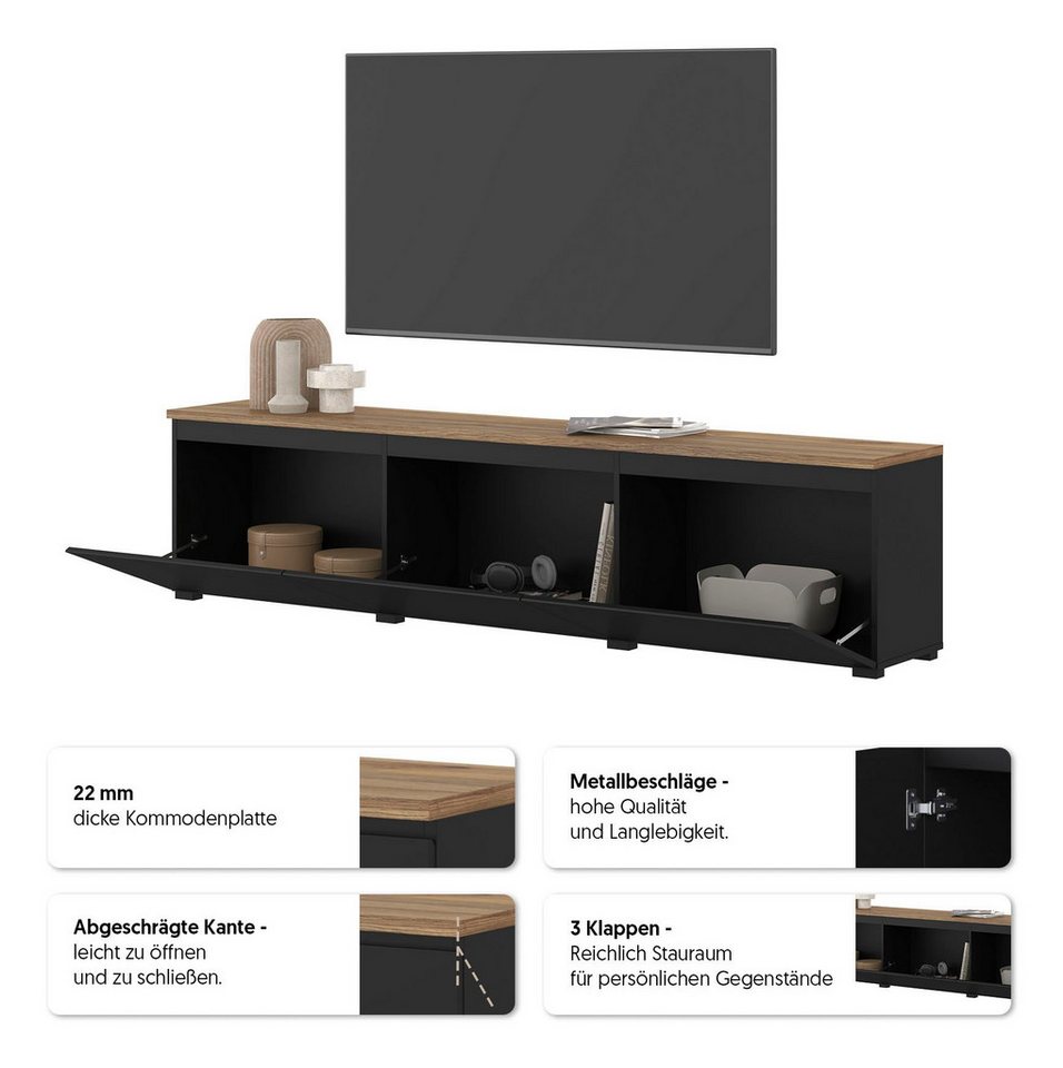 OTTO home Lowboard Modo, Breite 200 cm, moderne grifflose TV-Kommode 3 Klappen, TV-Kommode mit viel Stauraum, TV-Bank – Bild 3 von 5