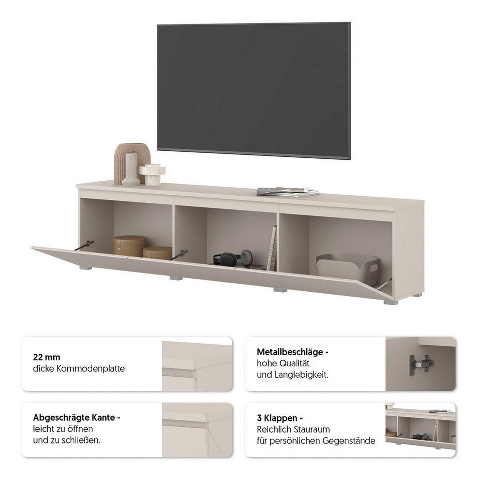 OTTO home Lowboard Modo, Breite 200 cm, moderne grifflose TV-Kommode 3 Klappen, TV-Kommode mit viel Stauraum, TV-Bank – Bild 3 von 5