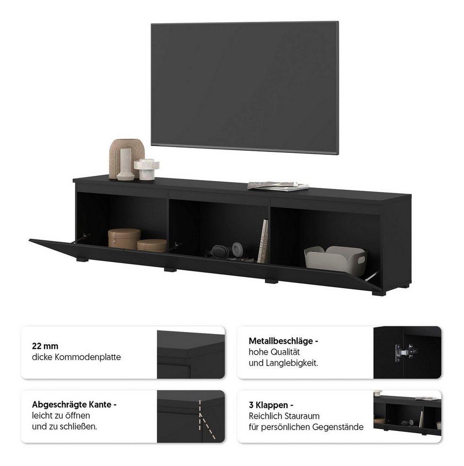OTTO home Lowboard Modo, Breite 200 cm, moderne grifflose TV-Kommode 3 Klappen, TV-Kommode mit viel Stauraum, TV-Bank – Bild 3 von 5
