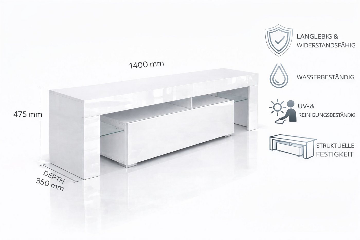 OTTO home Lowboard MONICA, TV-Board, TV-Kommode, TV-Schrank, TV-Unterschrank, TV-Möbel, Modernes Hochglanz TV-Board in 2 Farben, grifflos mit Push-to-Open – Bild 3 von 5
