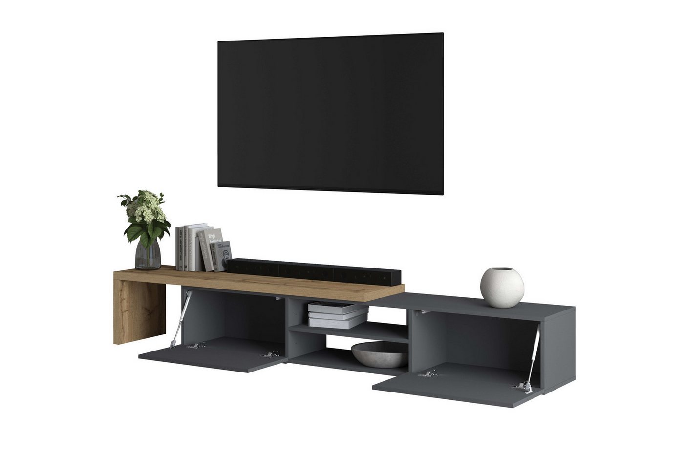 OTTO home Lowboard New Garda,Lowboard mit Aufsatz,TV-Board mit Ausatz,TV-Schrank-Tv Bank (1 St), Breite verstellbar v. 183 bis 310 cm,2 Klappen und L-Förmiger A – Bild 3 von 5