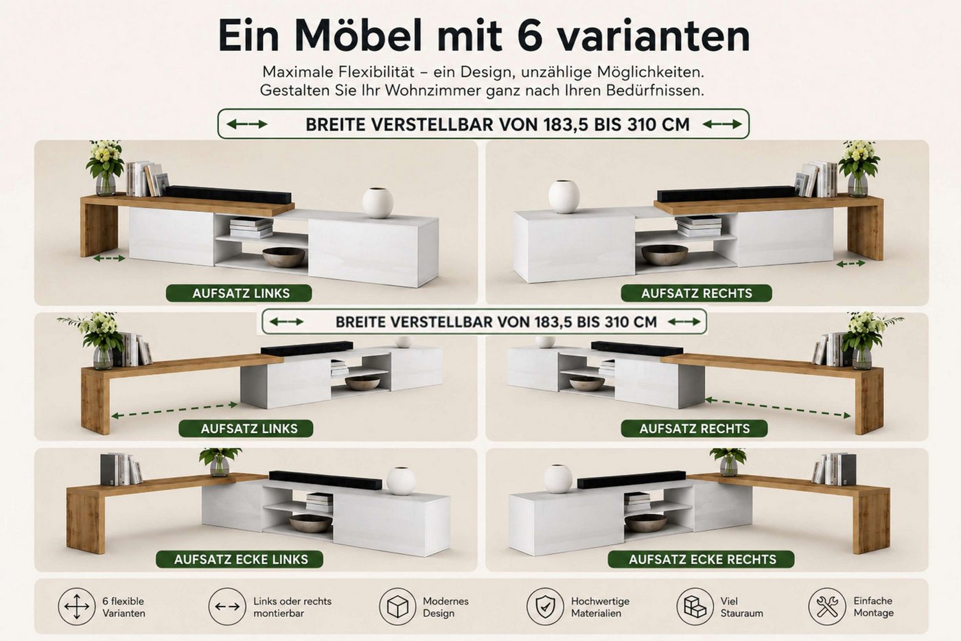 OTTO home Lowboard New Garda,Lowboard mit Aufsatz,TV-Board mit Ausatz,TV-Schrank-Tv Bank (1 St), Breite verstellbar v. 183 bis 310 cm,2 Klappen und L-Förmiger A – Bild 5 von 5