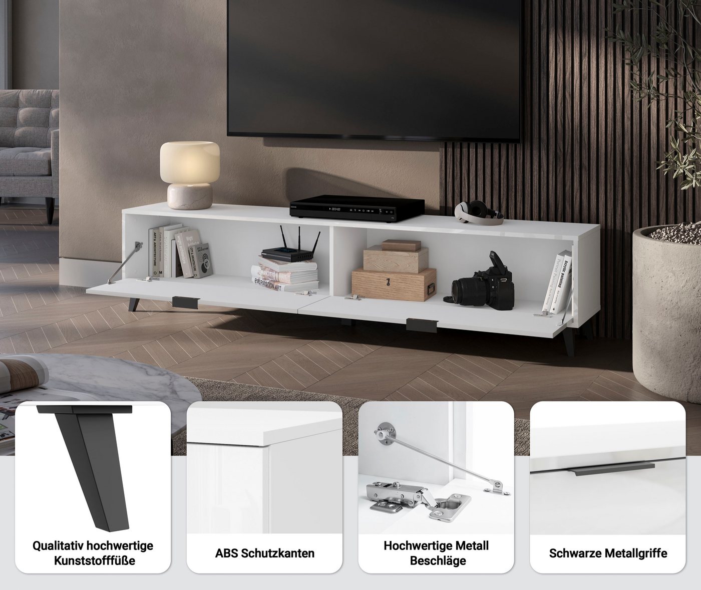 OTTO home Lowboard Oslo, B/H/T: 180/40/33 cm, 2 Klappen, schwarze Metallgriffe, schwarze Füße – Bild 3 von 5