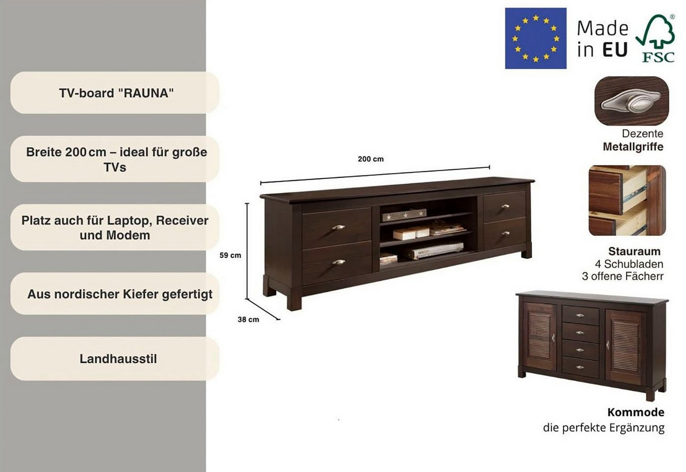 OTTO home Lowboard Rauna, TV-Bank, TV-Kommode, Landhausstil, Breite 200 cm, FSC®-zertifiziertes Massivholz, Kiefer – Bild 3 von 5