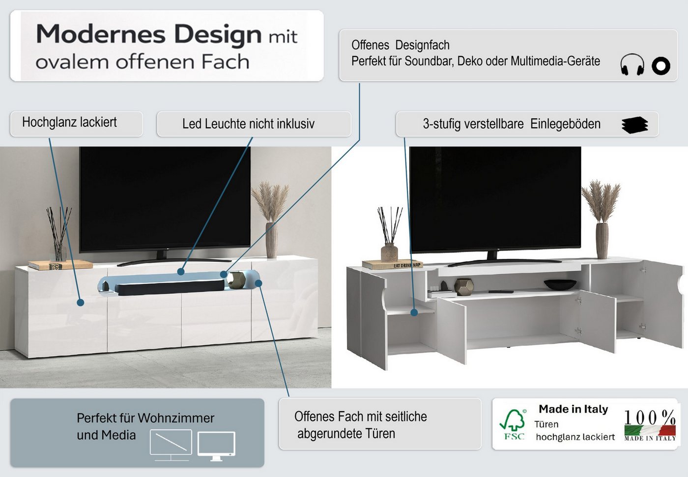 OTTO home Lowboard REAL,Lowboard,TV-Kommode,TV-Möbel,TV-Bank (1 St), Mit 4 Türen, davon 2 abgerundet, die ein ovales offenes Fach bilden – Bild 3 von 5