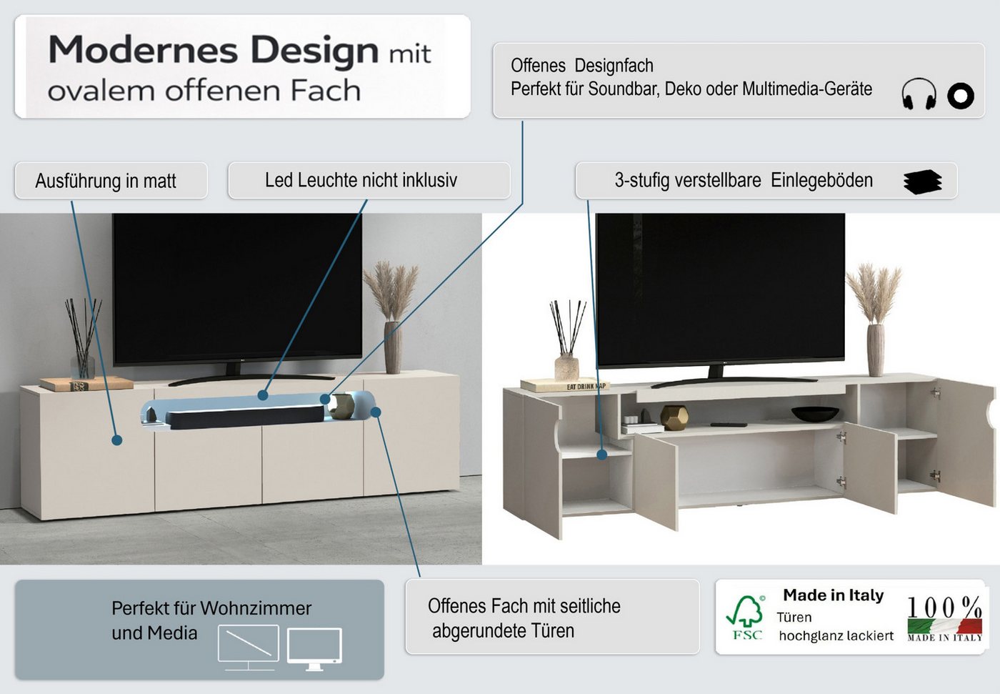 OTTO home Lowboard REAL,Lowboard,TV-Kommode,TV-Möbel,TV-Bank (1 St), Mit 4 Türen, davon 2 abgerundet, die ein ovales offenes Fach bilden – Bild 3 von 5
