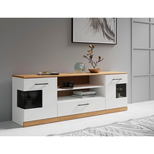 OTTO home Lowboard Ribe,160cm breit,55cm hoch,Oberplatte massiv, Oberplatte Massivholz,schwarze Metall Griffe,2 Türen mit Glaseinsatz