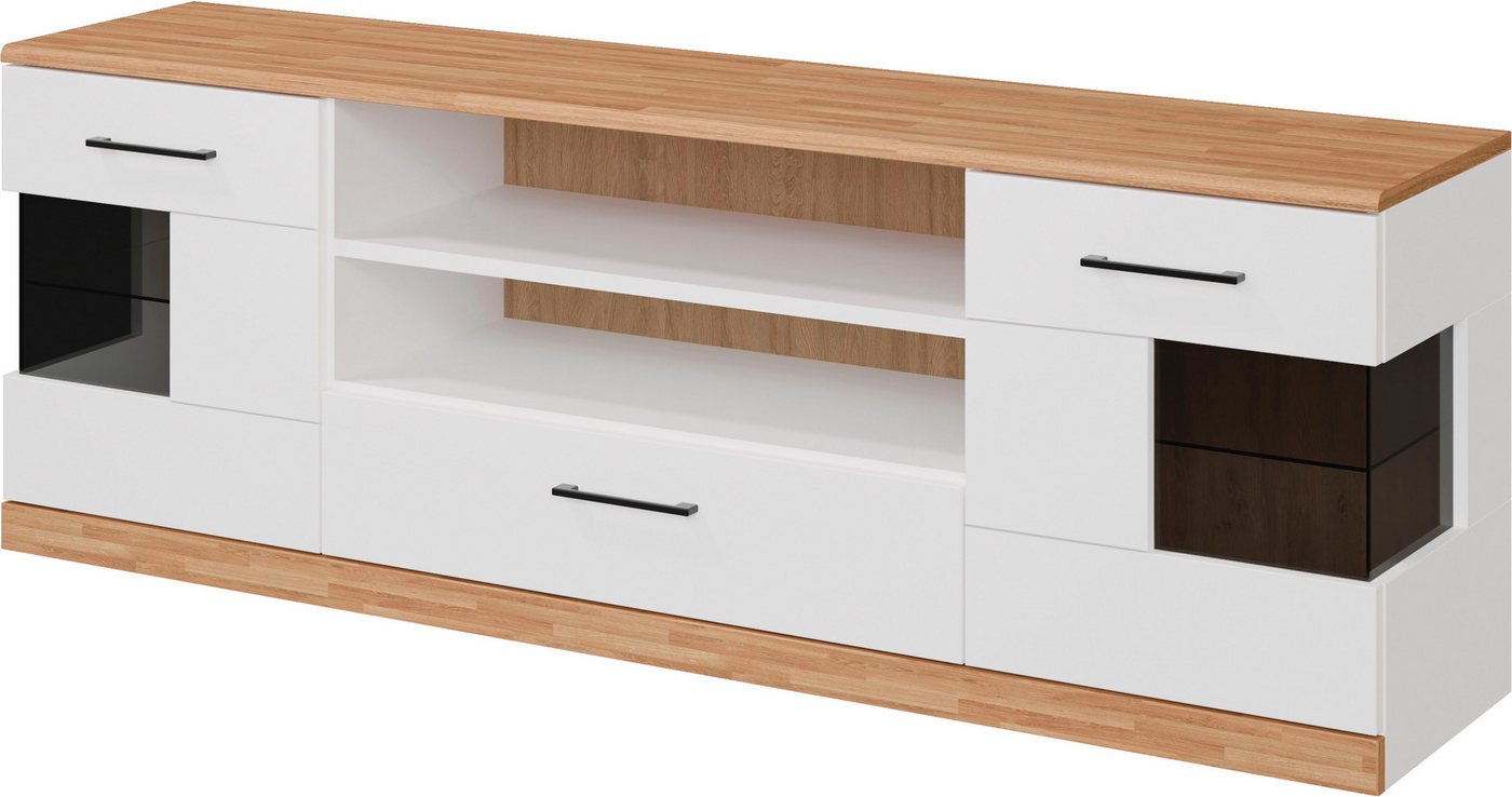 OTTO home Lowboard Ribe,160cm breit,55cm hoch,Oberplatte massiv, Oberplatte Massivholz,schwarze Metall Griffe,2 Türen mit Glaseinsatz – Bild 2 von 5