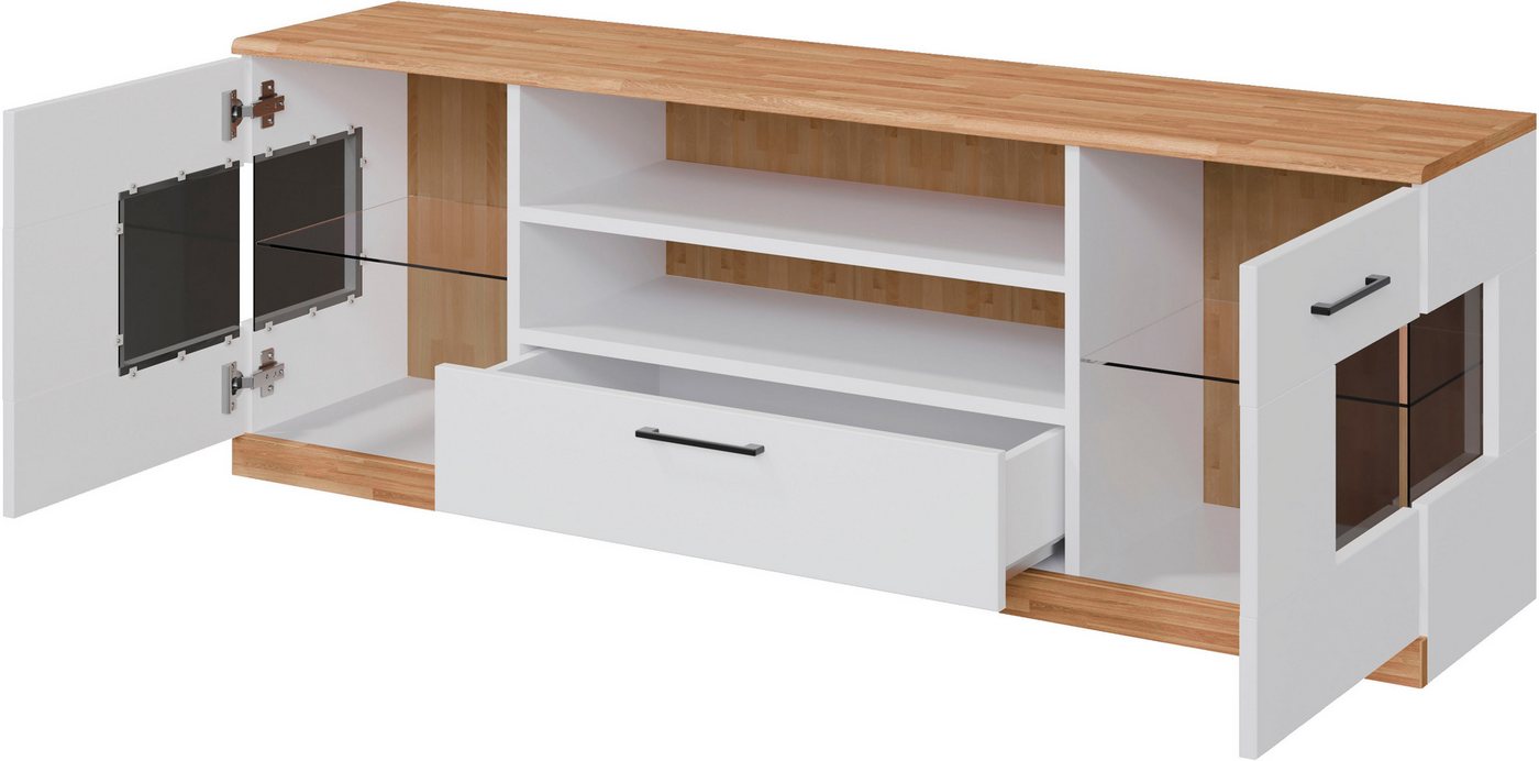 OTTO home Lowboard Ribe,160cm breit,55cm hoch,Oberplatte massiv, Oberplatte Massivholz,schwarze Metall Griffe,2 Türen mit Glaseinsatz – Bild 3 von 5