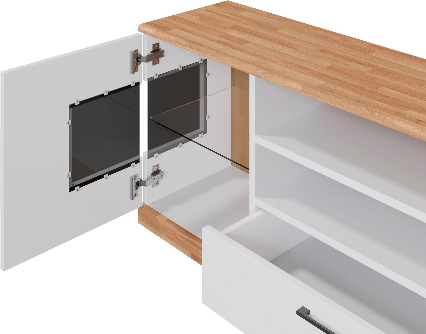 OTTO home Lowboard Ribe,160cm breit,55cm hoch,Oberplatte massiv, Oberplatte Massivholz,schwarze Metall Griffe,2 Türen mit Glaseinsatz – Bild 4 von 5