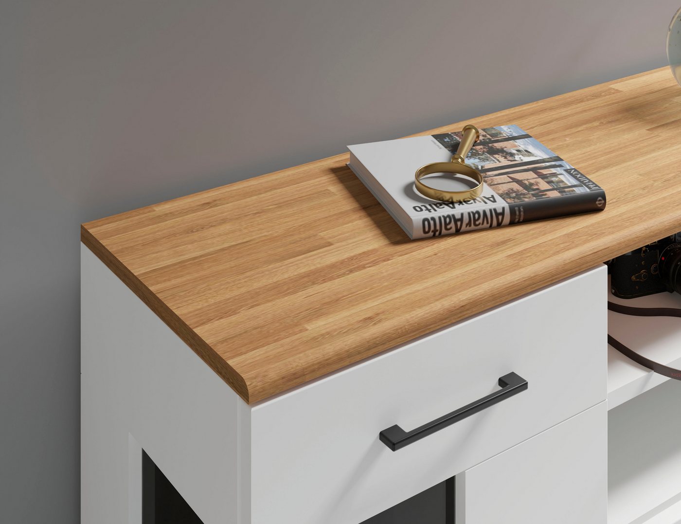 OTTO home Lowboard Ribe,160cm breit,55cm hoch,Oberplatte massiv, Oberplatte Massivholz,schwarze Metall Griffe,2 Türen mit Glaseinsatz – Bild 5 von 5