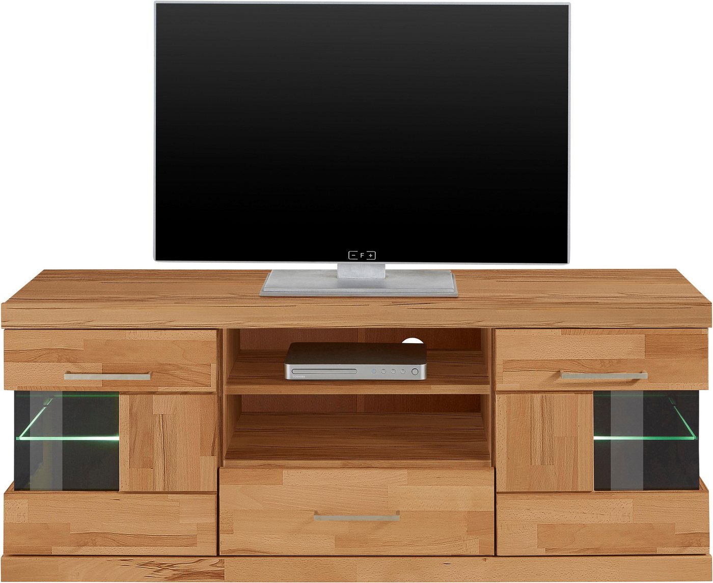 OTTO home Lowboard Ribe,140cm breit, Fronten Massivholz,6 Fächer,Kabeldurchführung, Korpus Holzwerkstoff,Glaseinsatz aus gehärtetem Glas,Böden versetzbar – Bild 2 von 5