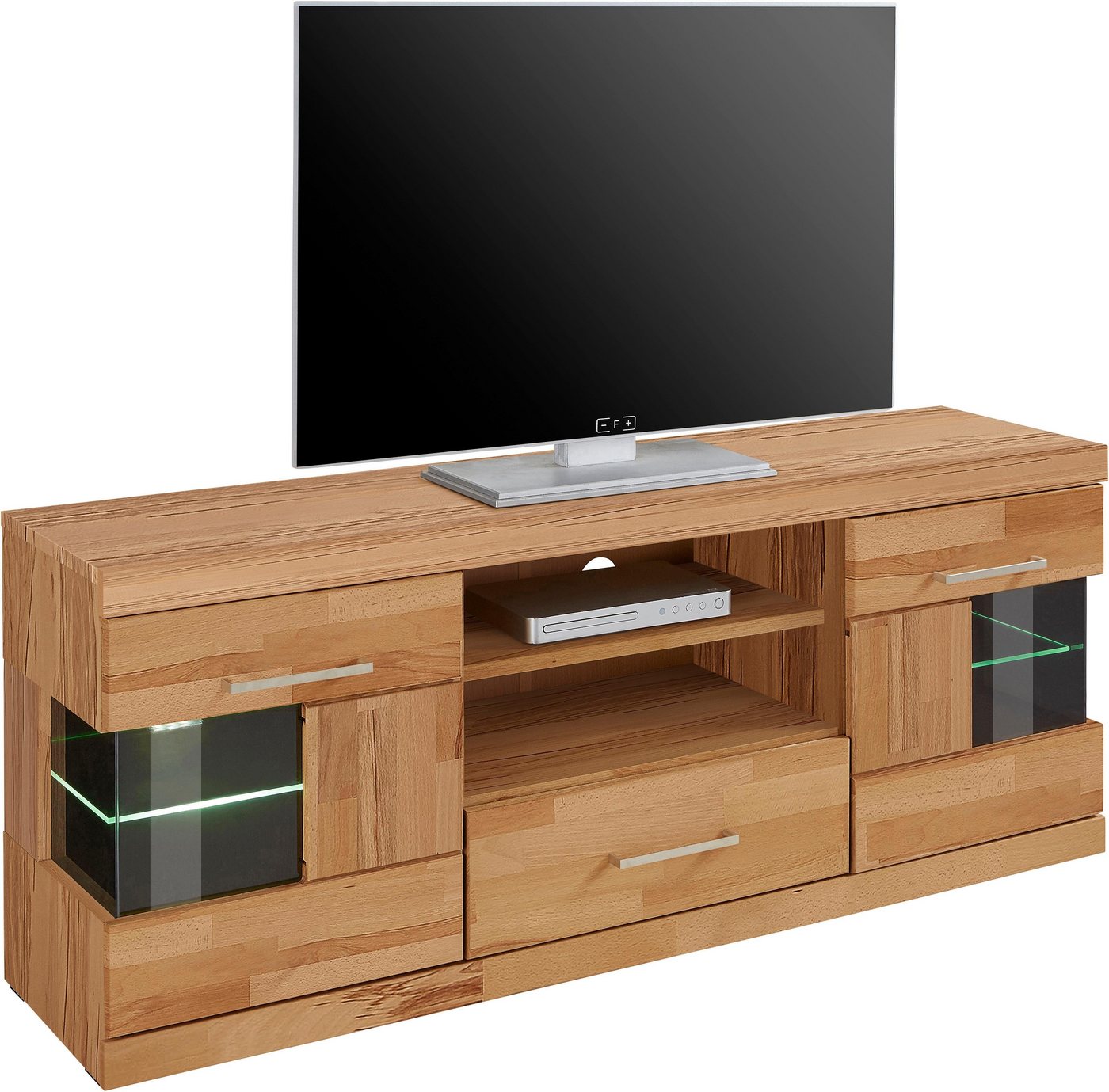 OTTO home Lowboard Ribe,140cm breit, Fronten Massivholz,6 Fächer,Kabeldurchführung, Korpus Holzwerkstoff,Glaseinsatz aus gehärtetem Glas,Böden versetzbar – Bild 3 von 5