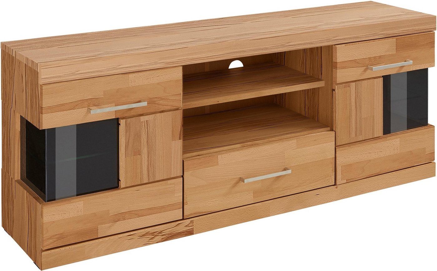 OTTO home Lowboard Ribe,140cm breit, Fronten Massivholz,6 Fächer,Kabeldurchführung, Korpus Holzwerkstoff,Glaseinsatz aus gehärtetem Glas,Böden versetzbar – Bild 4 von 5