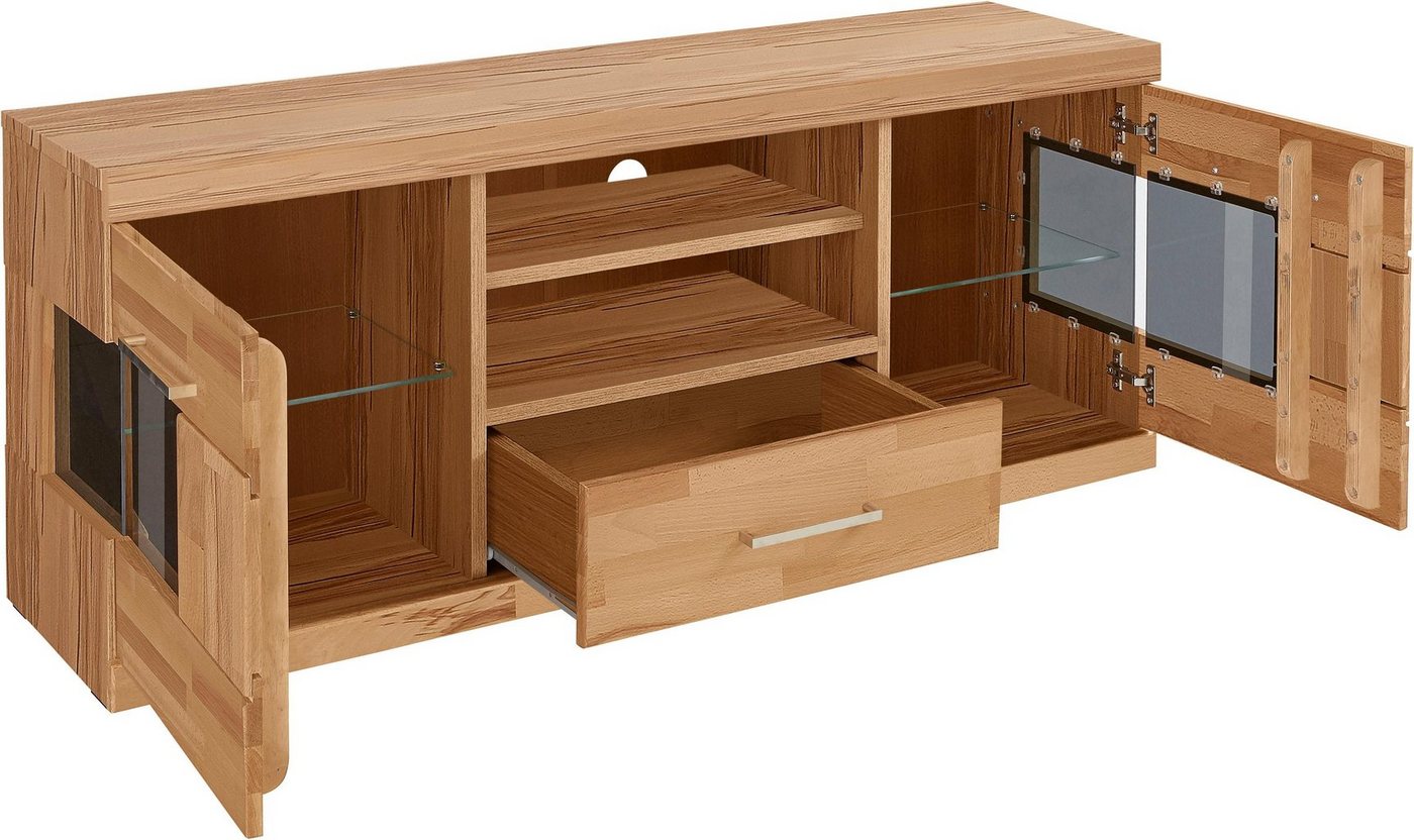 OTTO home Lowboard Ribe,140cm breit, Fronten Massivholz,6 Fächer,Kabeldurchführung, Korpus Holzwerkstoff,Glaseinsatz aus gehärtetem Glas,Böden versetzbar – Bild 5 von 5