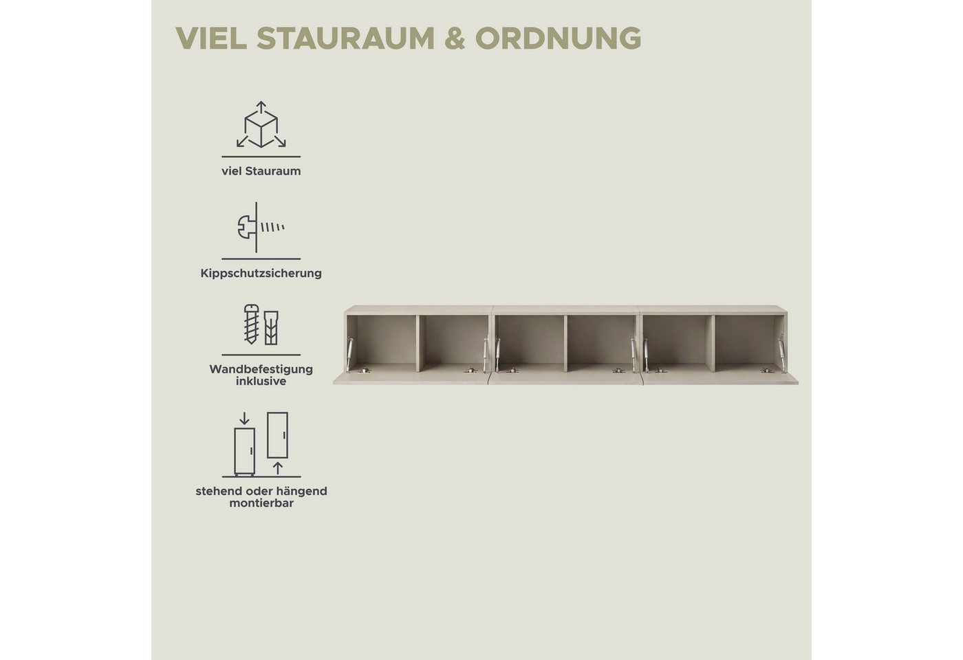 OTTO home Lowboard SPIAGGIA, 3-teiliges Set, Breite 270cm, stehend & hängend montierbar (Grifflose Fronten mit Gasdruckfeder, Fronten mit horizontaler Fräsung), – Bild 4 von 5