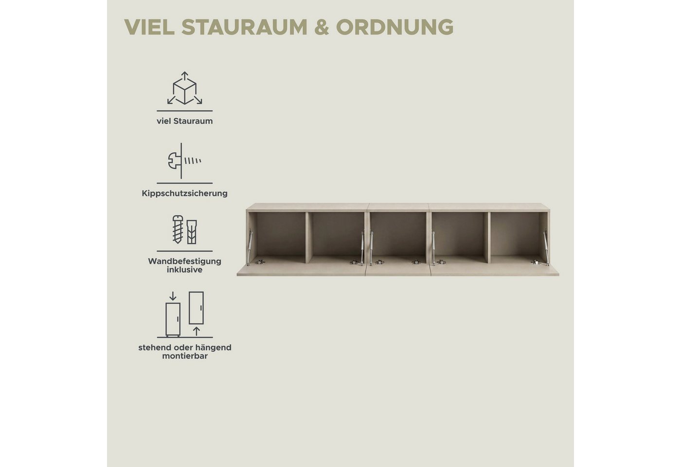 OTTO home Lowboard SPIAGGIA, 3-teiliges Set, Breite 225cm, stehend & hängend montierbar (Grifflose Fronten mit Gasdruckfeder, Fronten mit horizontaler Fräsung), – Bild 4 von 5