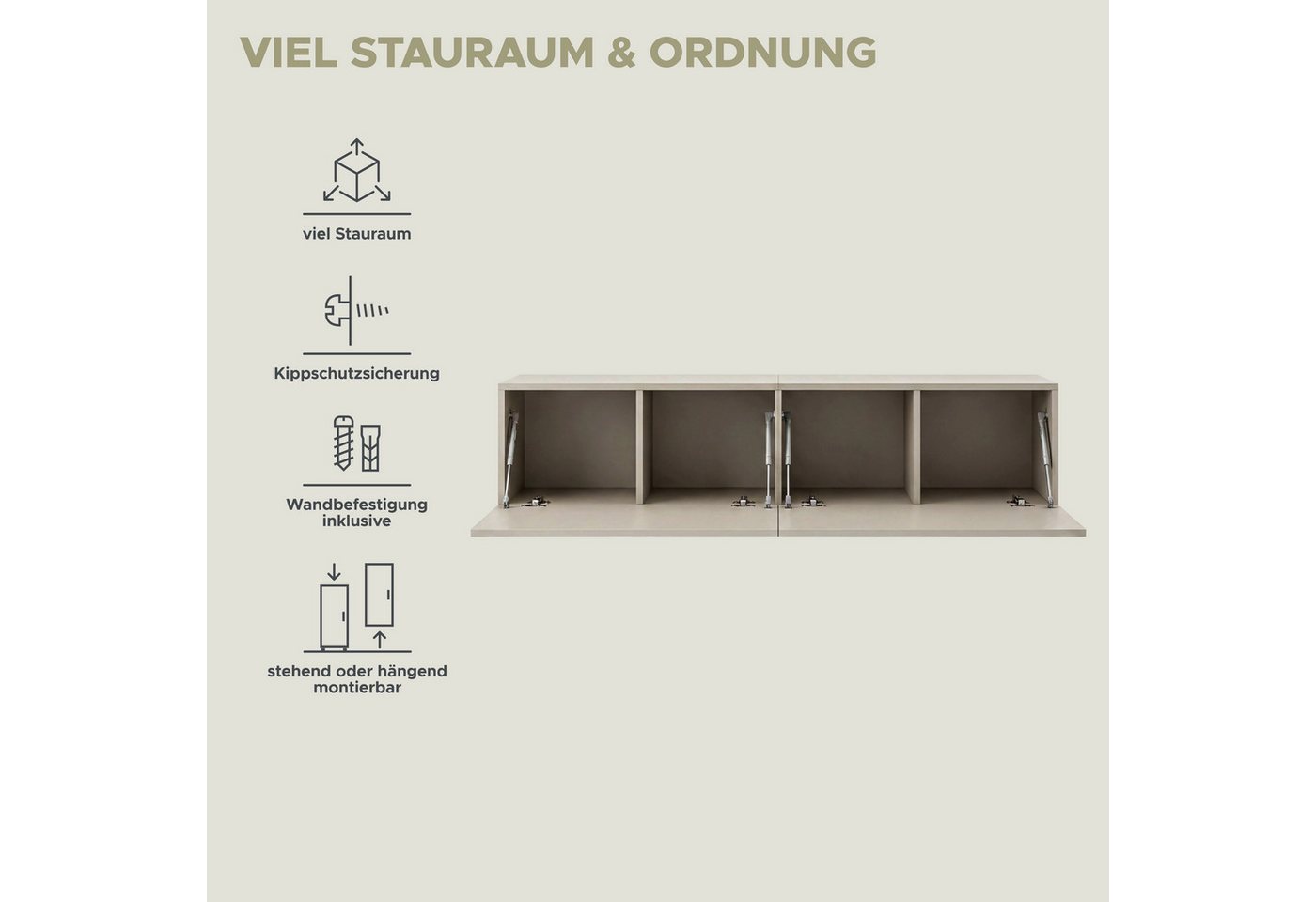 OTTO home Lowboard SPIAGGIA, 2-teiliges Set, Breite 180cm, stehend & hängend montierbar (Grifflose Fronten mit Gasdruckfeder, Fronten mit horizontaler Fräsung), – Bild 4 von 5