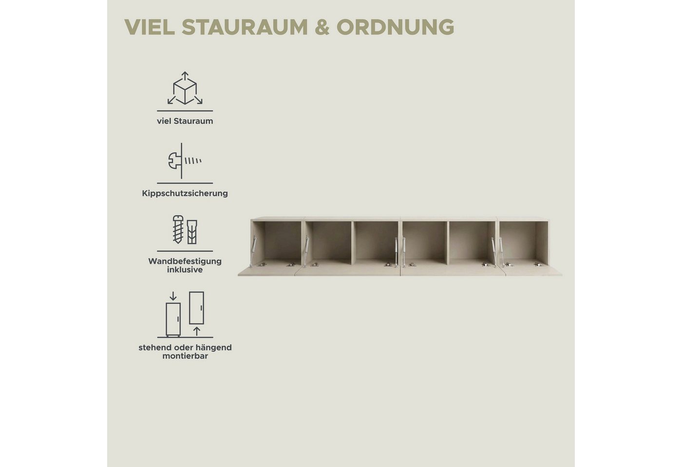 OTTO home Lowboard SPIAGGIA, 4-teiliges Set, Breite 270cm, stehend & hängend montierbar (Grifflose Fronten mit Gasdruckfeder, Fronten mit horizontaler Fräsung), – Bild 4 von 5