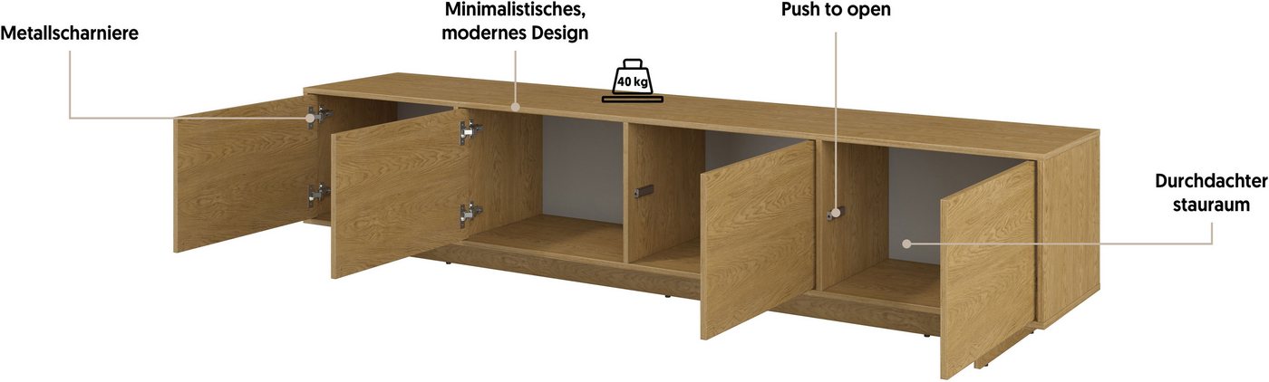 OTTO home Lowboard Tatami, Modernes griffloses TV-Board, Breit 220,50cm, TV-Schrank, TV-Schrank, TV-Board mit viel Stauraum, push-to-open-Funktion – Bild 4 von 5