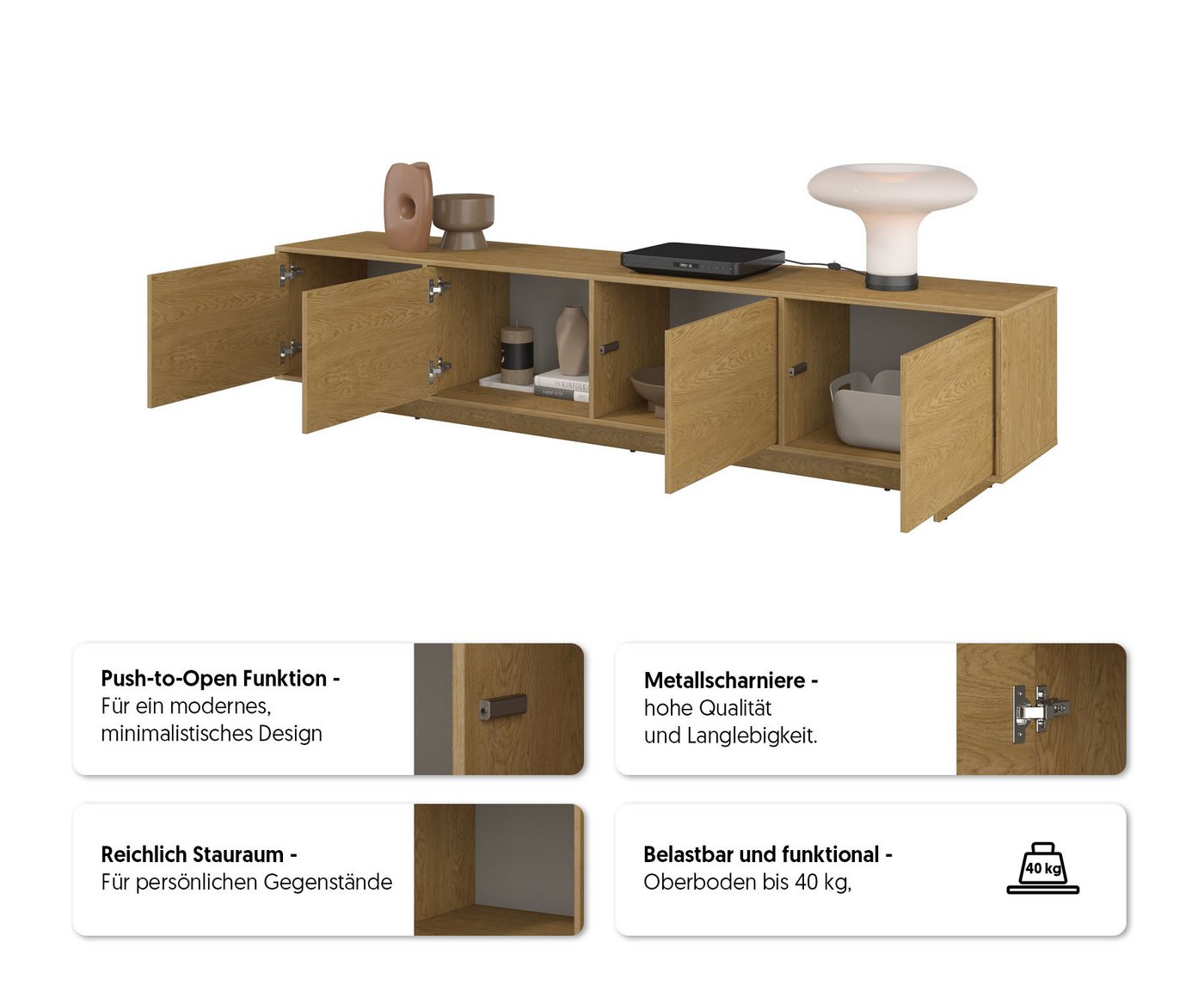 OTTO home Lowboard Tatami, Modernes griffloses TV-Board, Breit 220,50cm, TV-Schrank, TV-Schrank, TV-Board mit viel Stauraum, push-to-open-Funktion – Bild 5 von 5