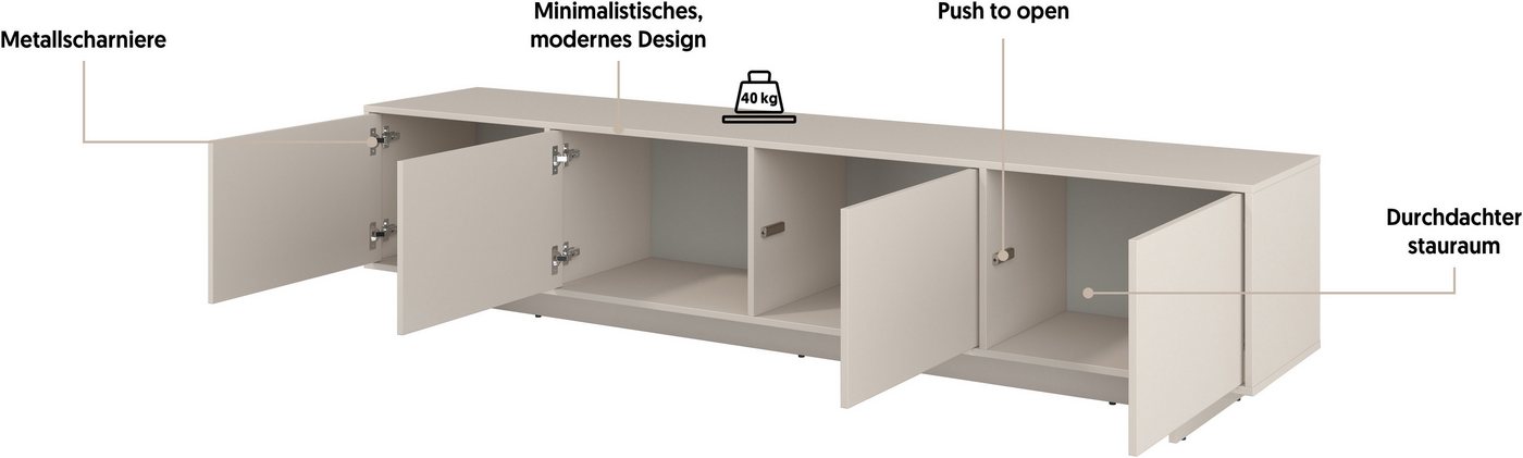 OTTO home Lowboard Tatami, Modernes griffloses TV-Board, Breit 220,50cm, TV-Schrank, TV-Schrank, TV-Board mit viel Stauraum, push-to-open-Funktion – Bild 4 von 5