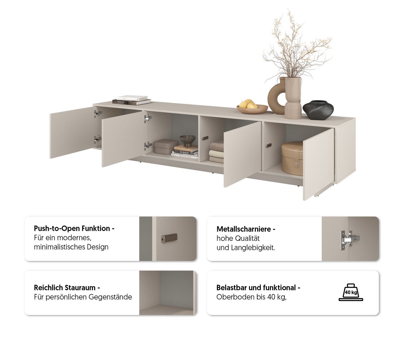 OTTO home Lowboard Tatami, Modernes griffloses TV-Board, Breit 220,50cm, TV-Schrank, TV-Schrank, TV-Board mit viel Stauraum, push-to-open-Funktion – Bild 5 von 5