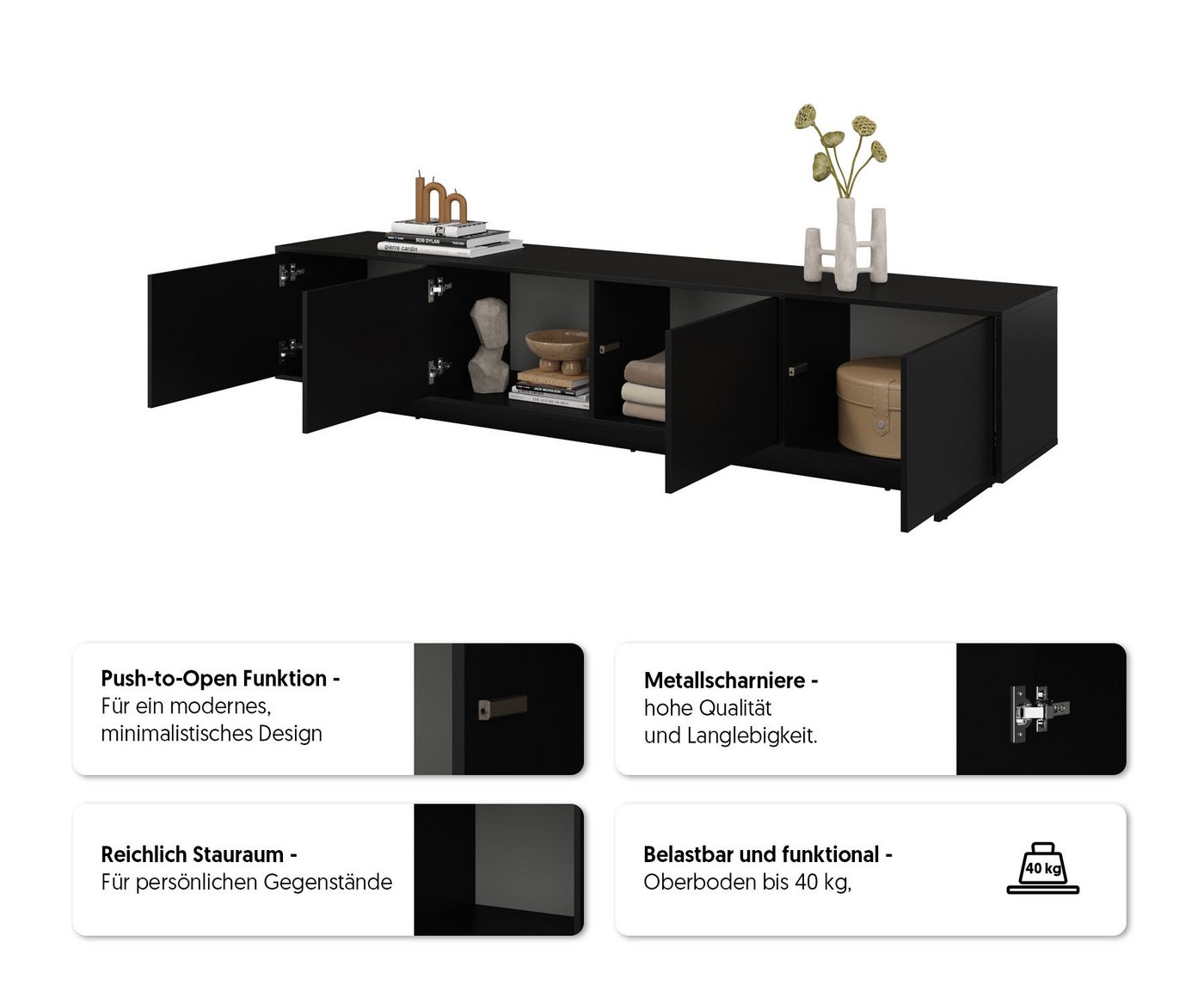 OTTO home Lowboard Tatami, Modernes griffloses TV-Board, Breit 220,50cm, TV-Schrank, TV-Schrank, TV-Board mit viel Stauraum, push-to-open-Funktion – Bild 4 von 5
