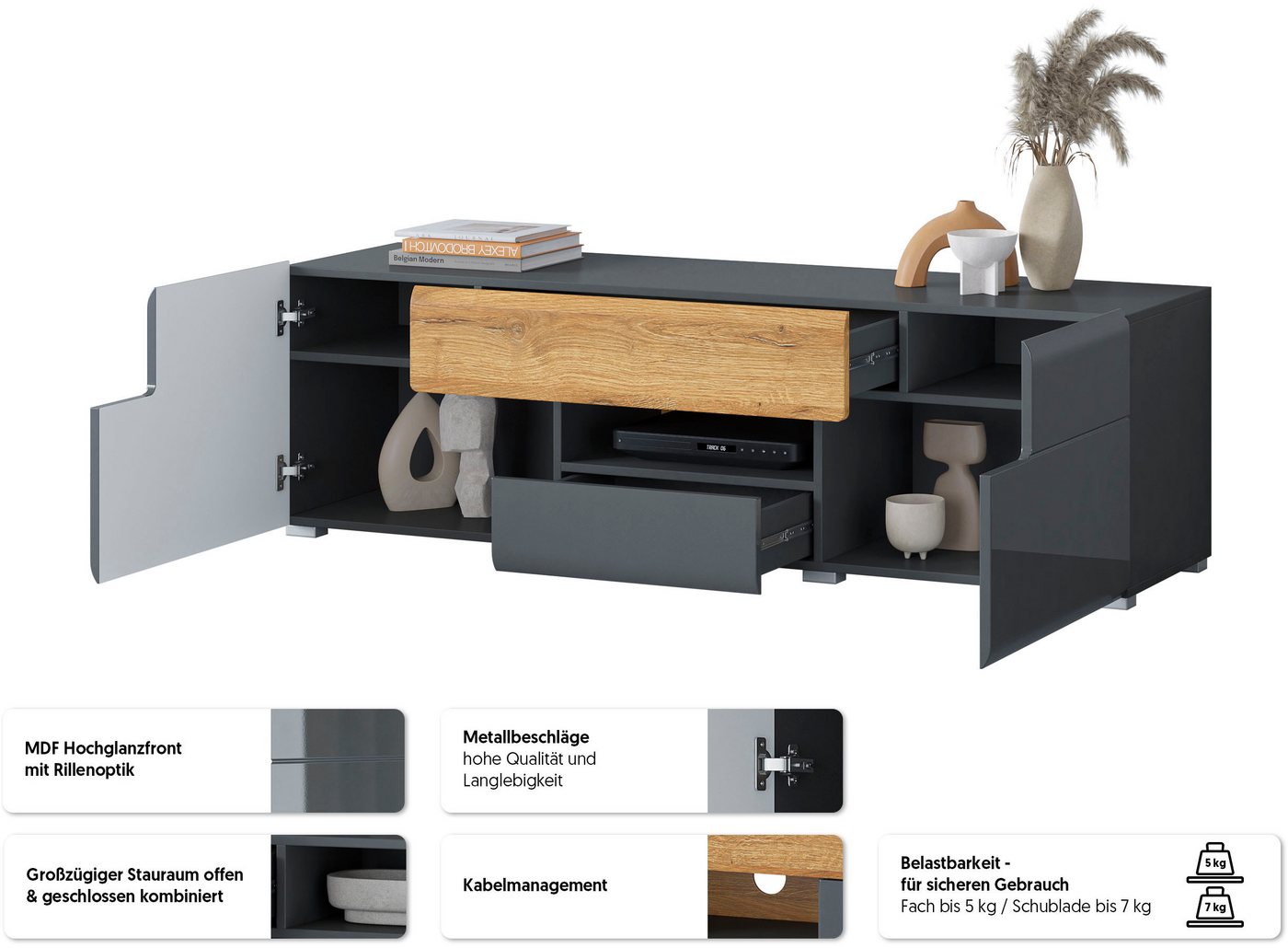 OTTO home Lowboard Toledo,Breite 159cm, trendige TV-Schrank mit dekorative Fräsungen, TV-Board ohne Beleuchtung, TV-Kommode mit viel Stauraum – Bild 3 von 5