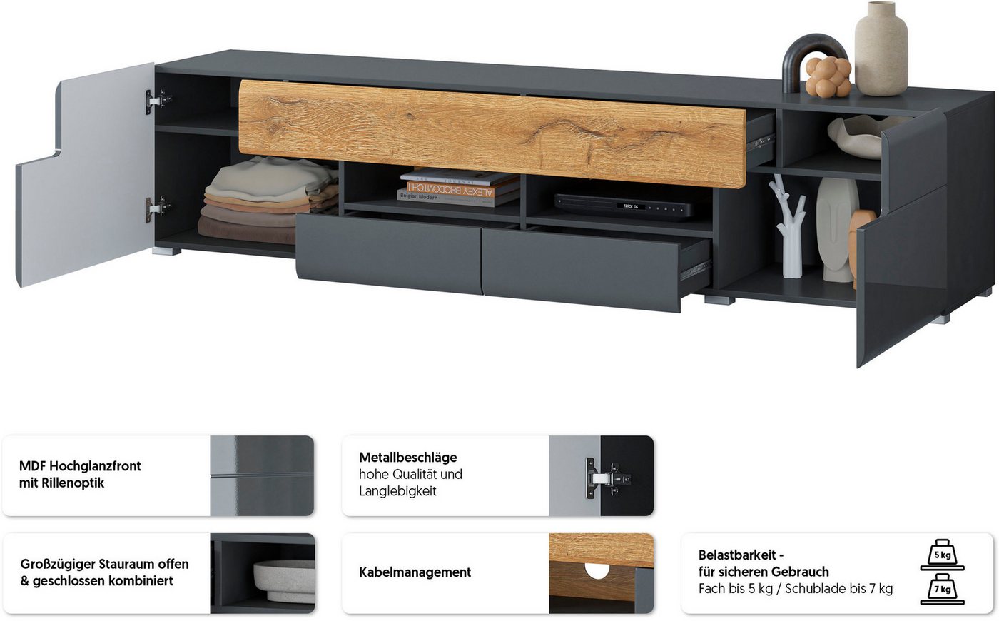 OTTO home Lowboard Toledo,Breite 209cm, trendige TV-Schrank mit dekorative Fräsungen, TV-Board ohne Beleuchtung, TV-Kommode mit viel Stauraum – Bild 3 von 5
