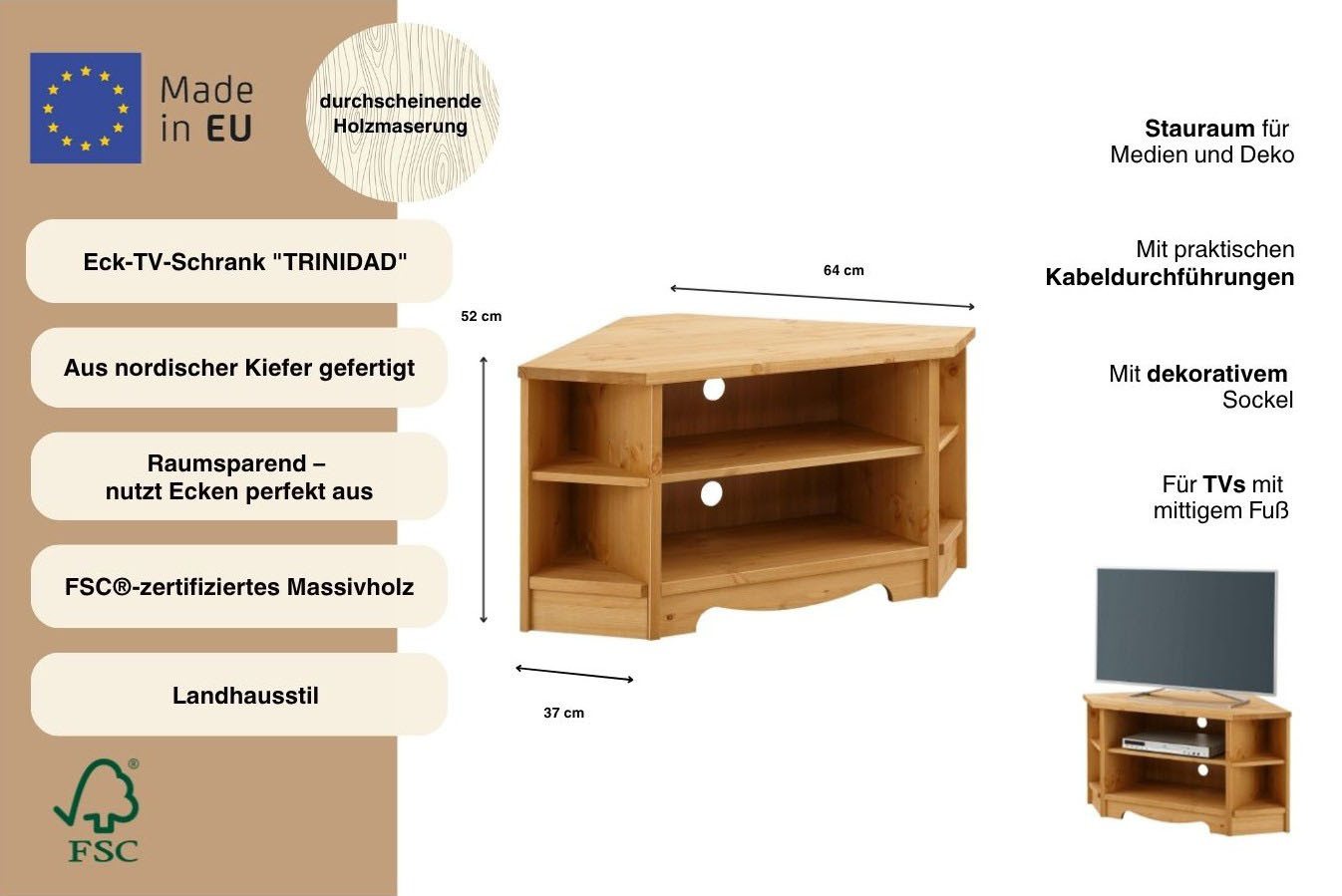 OTTO home Lowboard Trinidad, TV-Schrank, Eck-TV -Schrank, Kommode, Breite 105 cm, FSC® zertifiziertes Massivholz – Bild 3 von 5