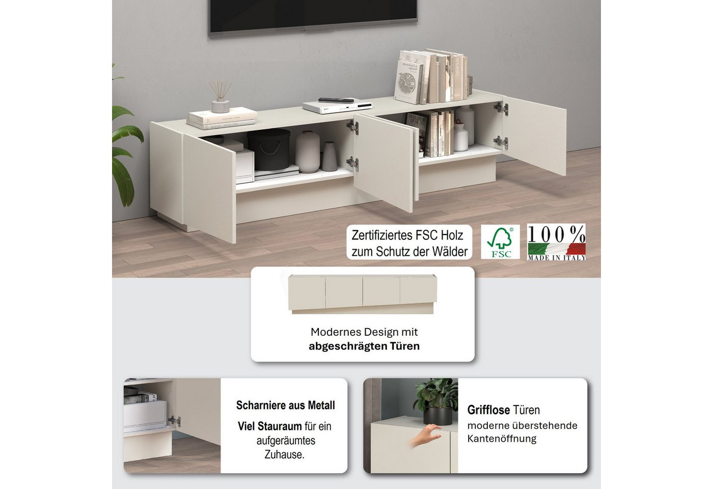 OTTO home Lowboard VELA, Lowboard, Breite 180 cm, Design mit schrägen Türen,Made in Italy (1 St), Made in Italy, Maße-B/T/H: 180x35x45, Lowboard, TV-Board, TV-K – Bild 3 von 5