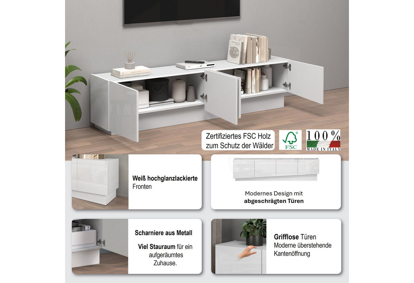 OTTO home Lowboard VELA, Lowboard, Breite 180 cm, Design mit schrägen Türen,Made in Italy (1 St), Maße B/T/H: 180x35x45, Hochglanz lackierte Fronten,TV-Board,TV – Bild 3 von 5