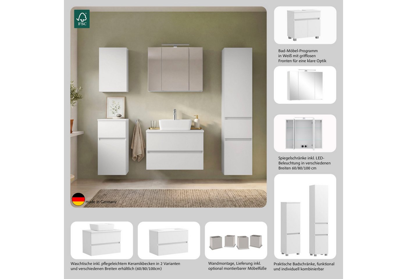 OTTO home Midischrank BOZEN, Midischrank 40 cm (Badezimmerschrank, Badschrank, Stauraum, Badmöbel, Schrank) griffloses Design, Maße (B/T/H): 40/35/130 cm – Bild 3 von 5