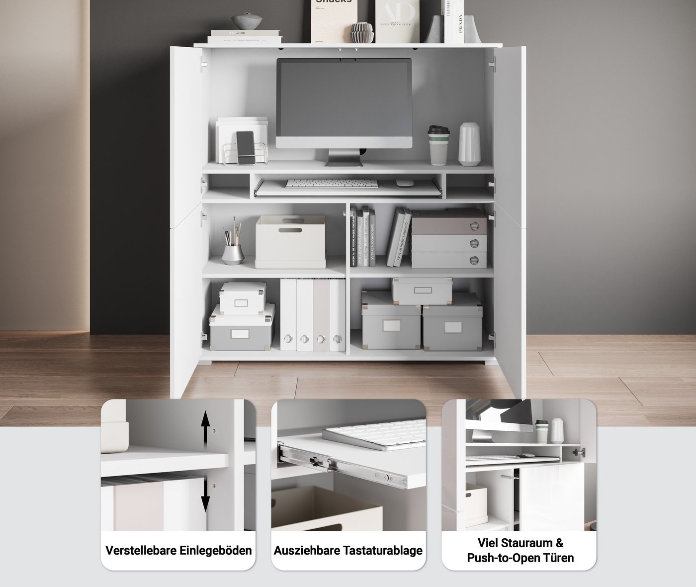 OTTO home PC-Schrank Kenia, Sekretär, Home Office (1 St), Mit Push-to-open, Tastaturauszug und praktischem Stauraum – Bild 3 von 5