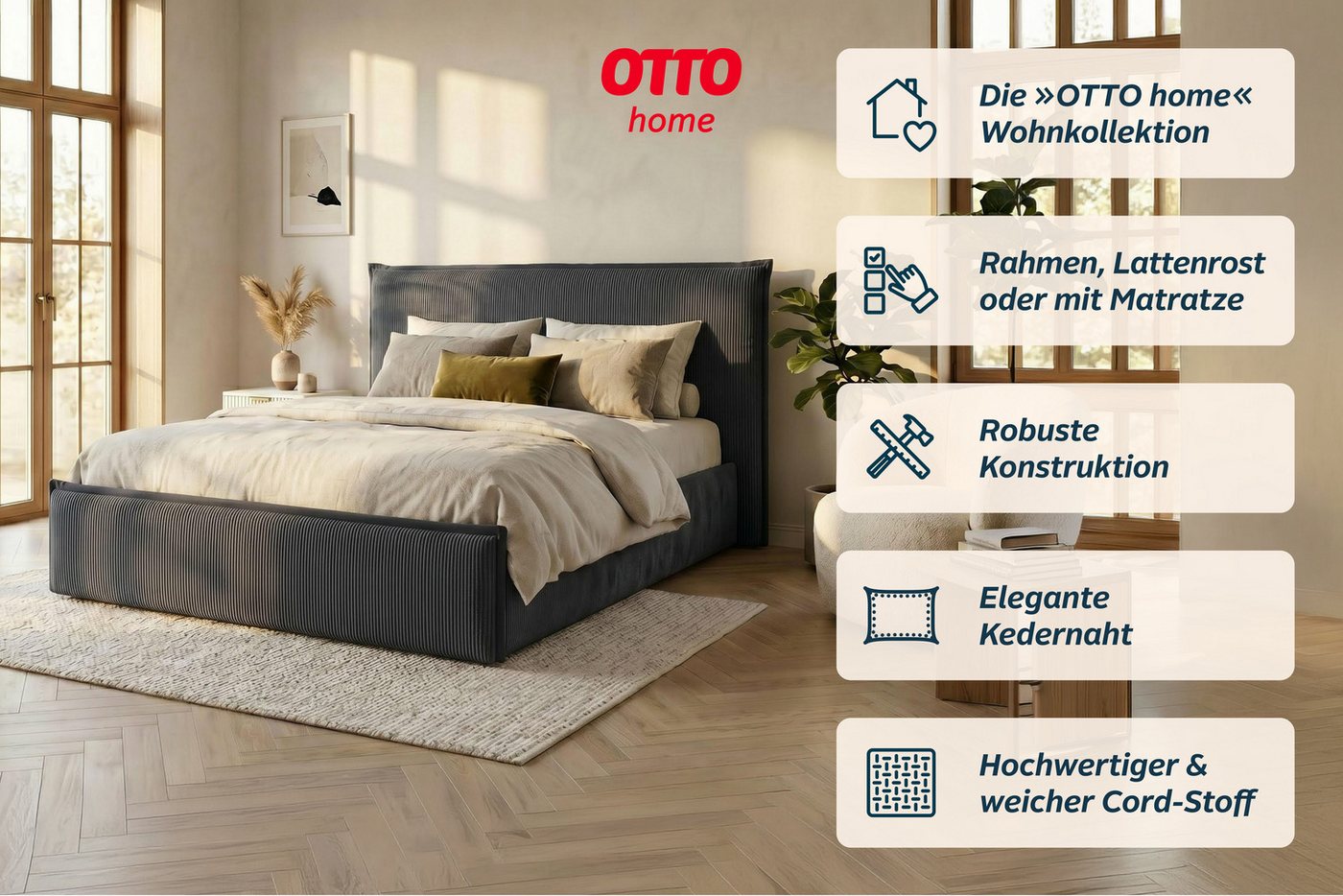 OTTO home Polsterbett AVVILA, wahlweise mit Lattenrost und King-Matratze H3 (28cm), mit hochwertigem Cord-Bezug – Bild 5 von 5