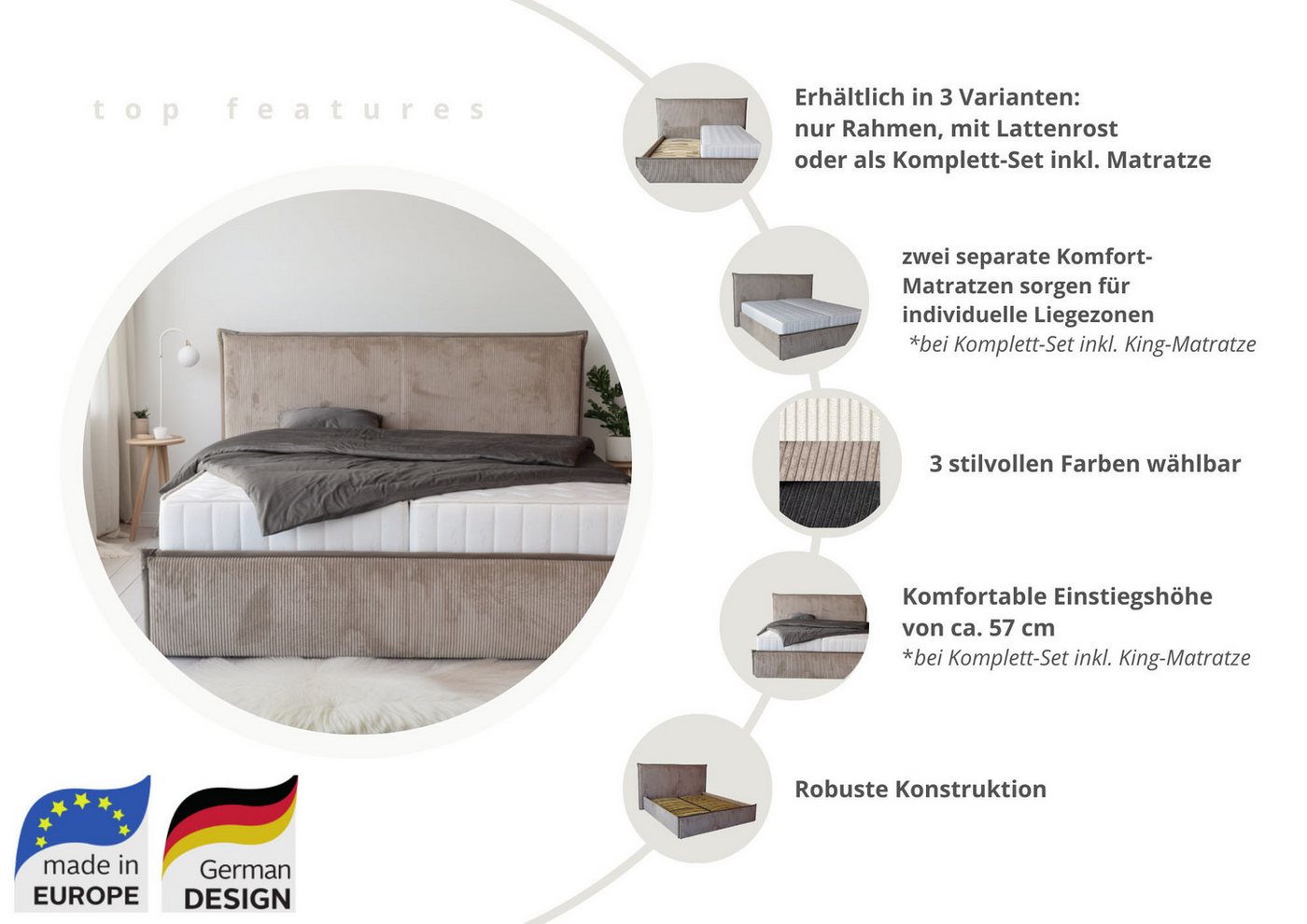 OTTO home Polsterbett AVVILA, wahlweise mit Lattenrost und King-Matratze H3 (28cm), mit hochwertigem Cord-Bezug – Bild 2 von 5