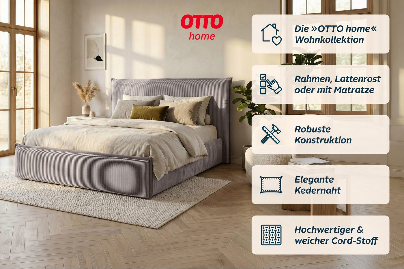 OTTO home Polsterbett AVVILA, wahlweise mit Lattenrost und King-Matratze H3 (28cm), mit hochwertigem Cord-Bezug – Bild 4 von 5